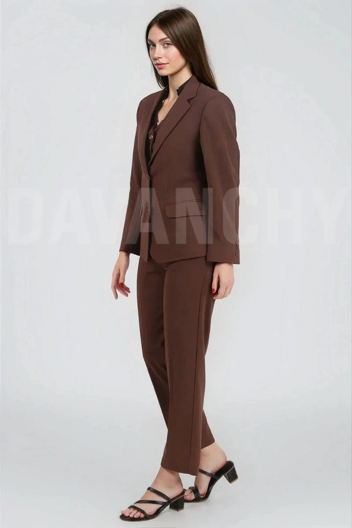 Women Brown Formal Three Piece Suit-Side