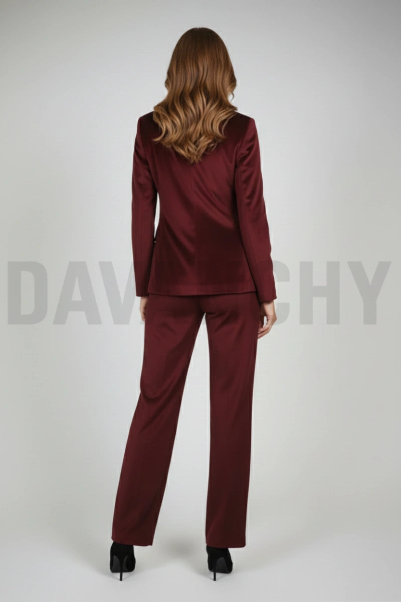Women wine velvet tuxedo suit-Back
