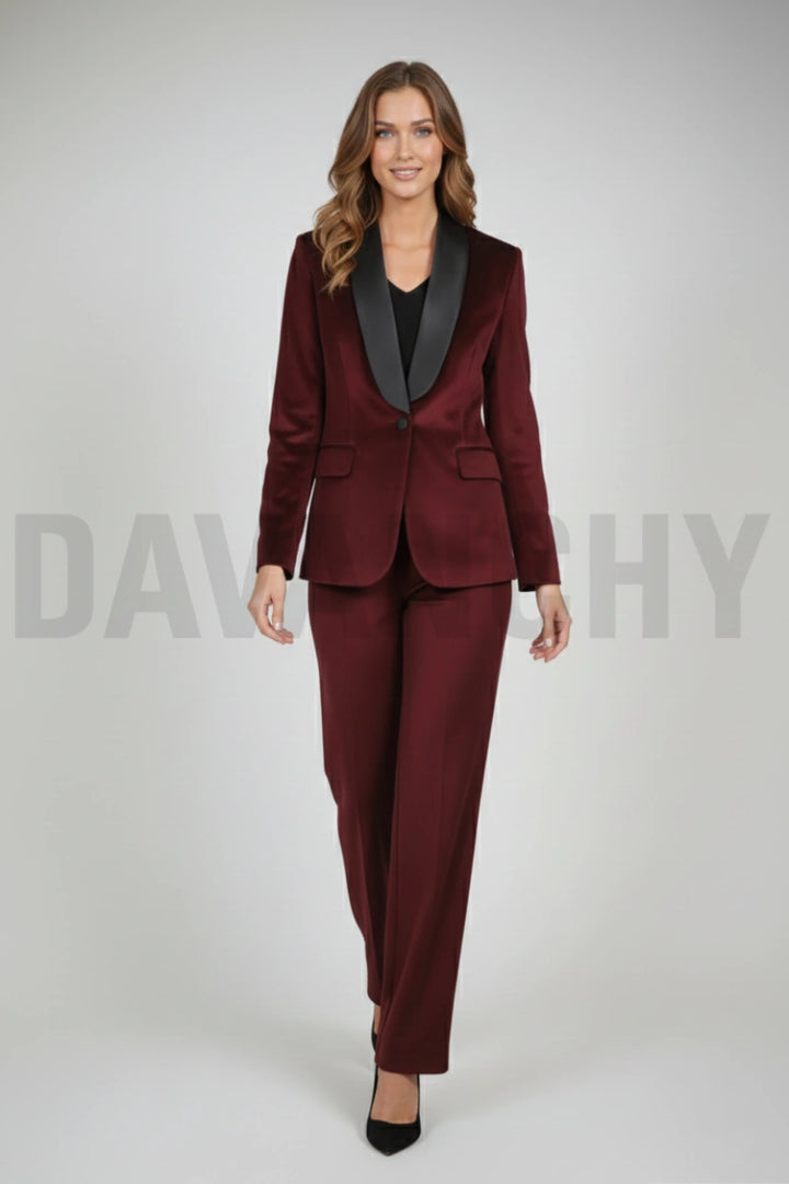 Women wine velvet two piece suit-Front