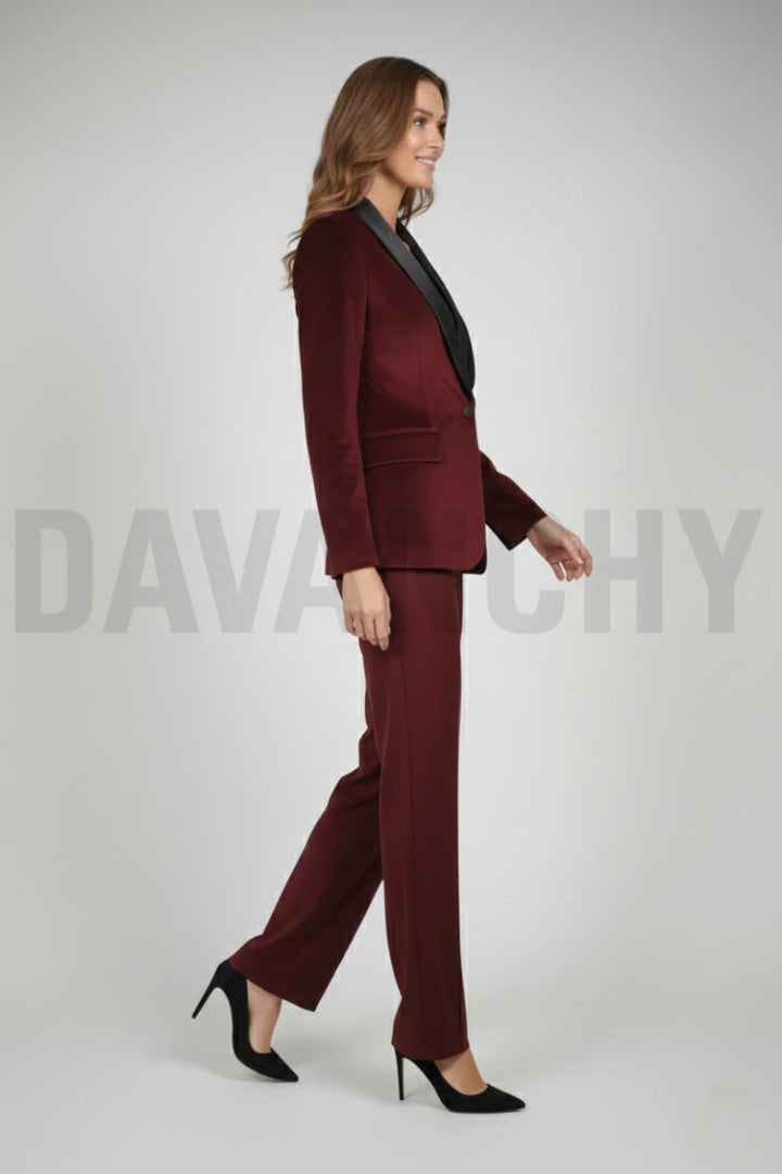 Women wine velvet two piece tuxedo suit trendy formal wear-Side