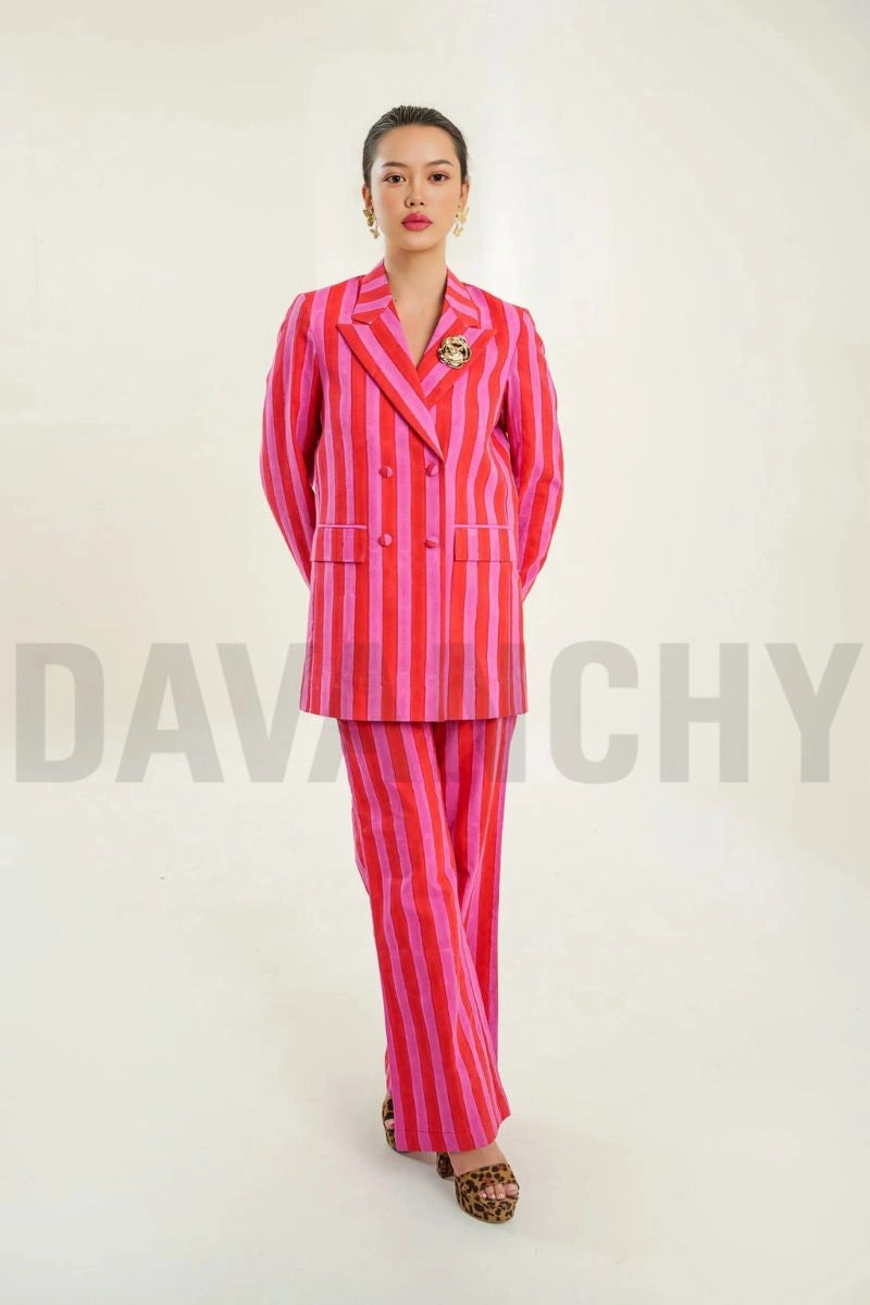 Women pink and red striped cotton co-ord set-Front