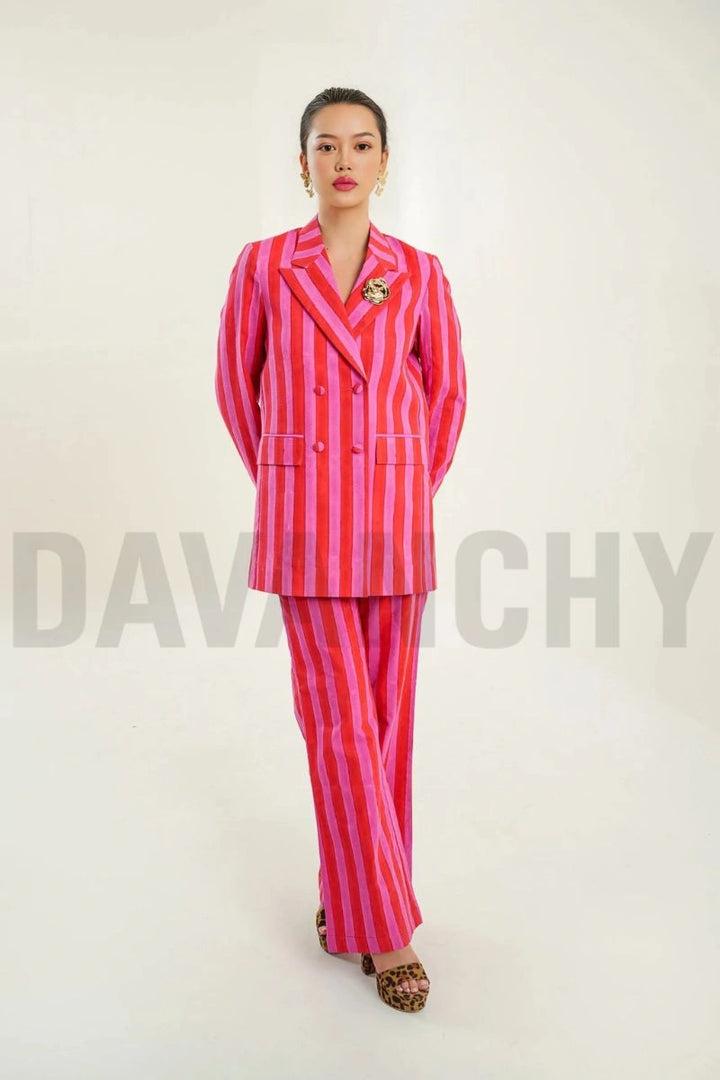 Women pink and red striped cotton co-ord set-Front